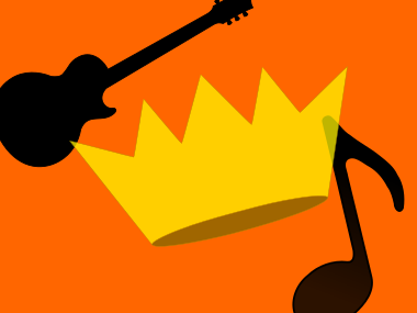 Grafik med guitar og en node med vuggestuens kongekronelogo